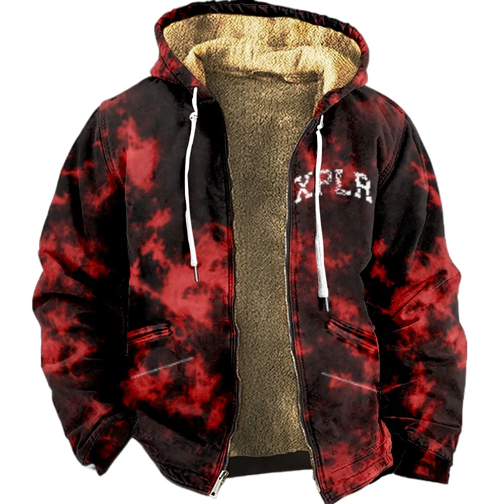 Zipper Hoodies for Men Casual Cool Red Tie Dye Design Winter Coat Long Sleeve Sweatshirt Casual Hooded Jacket Outerwear