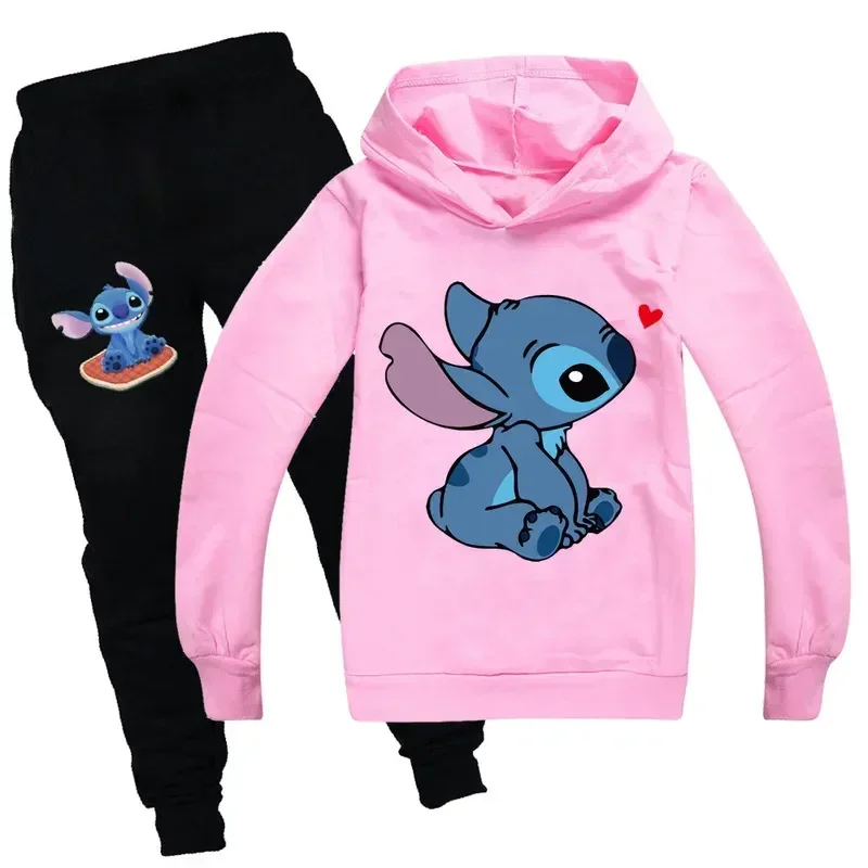 2024 New Stitch Disney Children's Clothing Print Pattern Boys And Girls Hoodie Long Sleeved Pullover Casual Trousers 2-piece Set