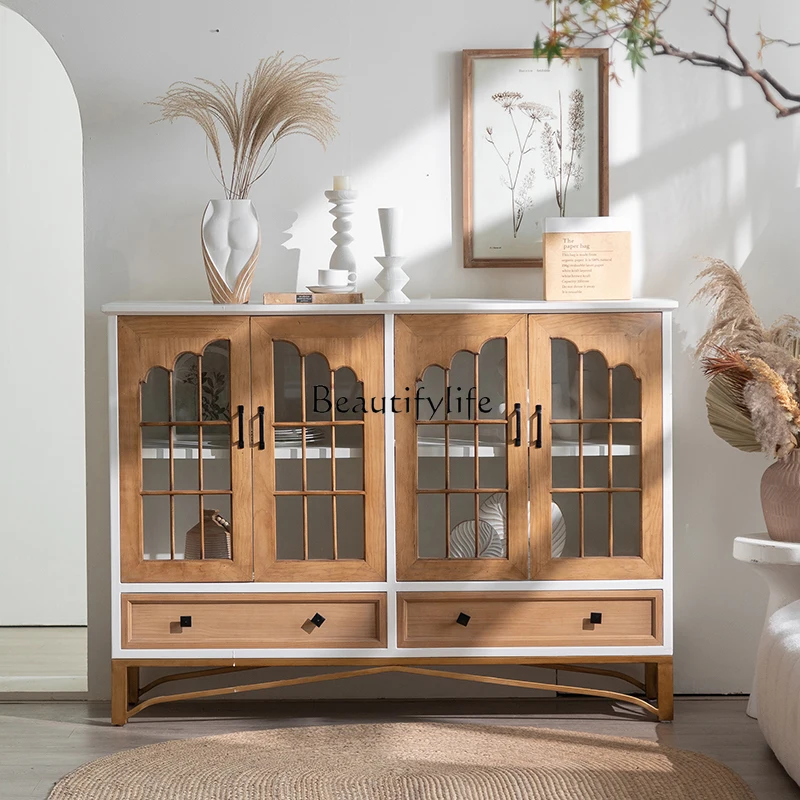 

French wabi style dining side cabinet log style multi-layer storage storage living room against the wall retro entrance cabinet