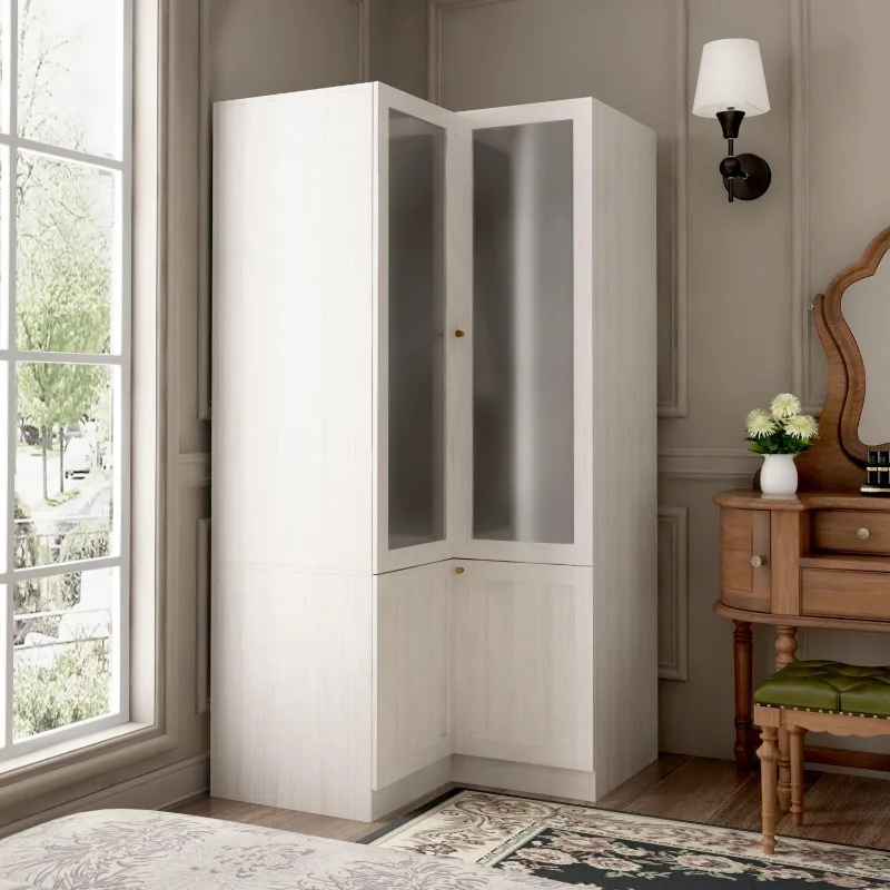 2025 L-Shape Wardrobe Armoire Closet with Hanging Rod & Shelf Wardrobe with Gold Knobs, Wood Grain, 35.4”D x 35.4”W x 70.9”H