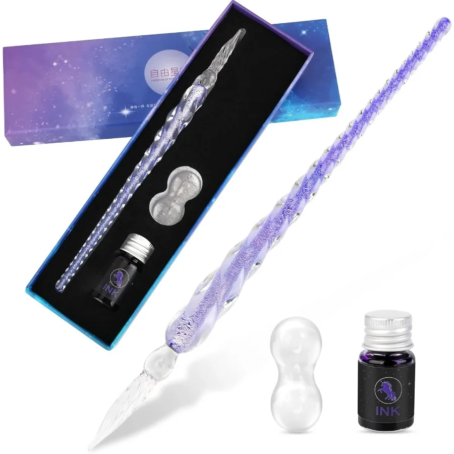 

Glass Ink Pen Set Glass Dip Pen with Fluorescent Ink and Pen Holder Art Crystal Glass Pens for Sigtures Business Christmas Gift