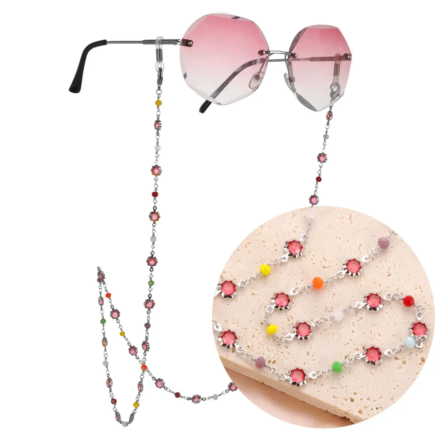 LIKGREAT Flower Shaped Women Colorful Crystal Beaded Glasses Chain Sunglasses Lanyard Eyeglass Straps Cord Accessory Wholesale