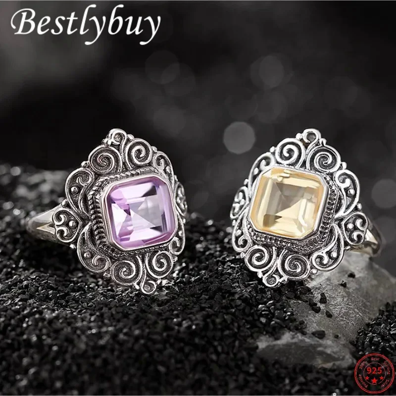 

Genuine S925 Sterling Silver Rings for Women Men New Fashion Auspicious Clouds Vintage Totem Square Amethyst Rings Jewelry