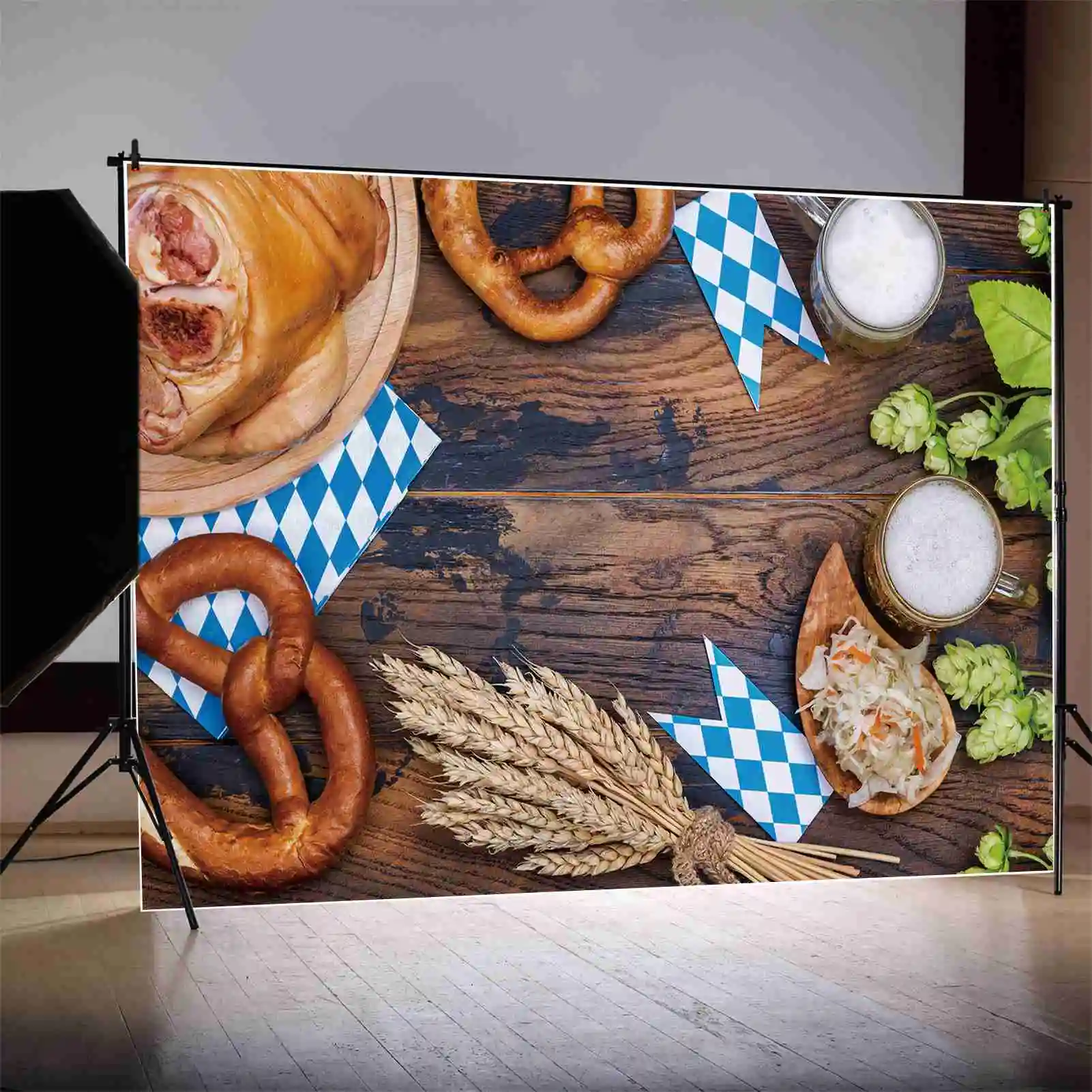 MOON.QG Backdrops Oktoberfest Beer Festival Decorations Photo Backgrounds Bagel Glass Check Cloth Wooden Board Wall Party Props