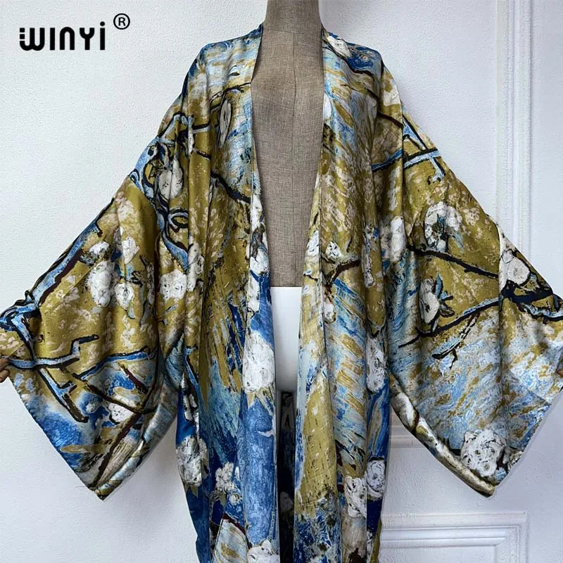 new WINYI Summer print beach cover up Swim Suit elegant Africa women boho Cardigan sexy Holiday long Sleeve Kimono fashion abaya