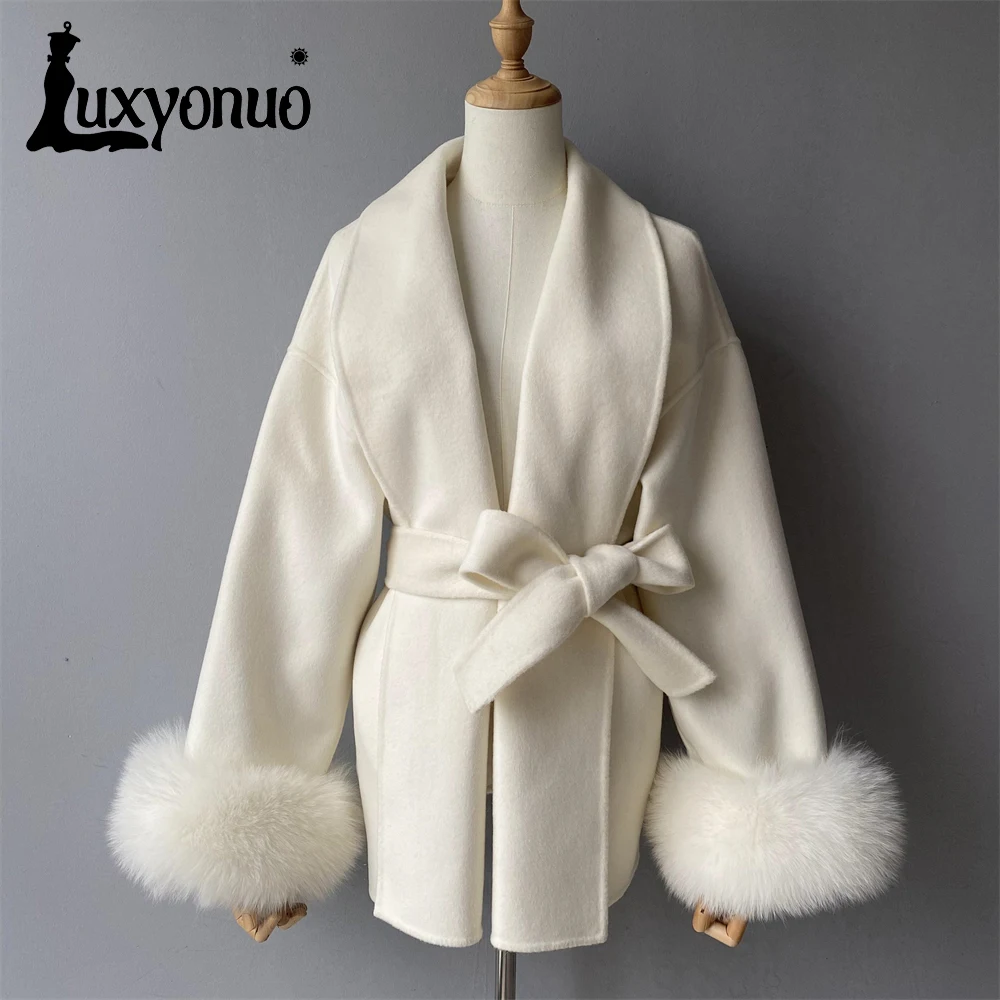 

Luxyonuo Women's 100% Wool Coat Real Fox Fur Cuffs Wool Coats for Winter Ladies New In Outerwear 2024 Fall Fashion Jacket Female