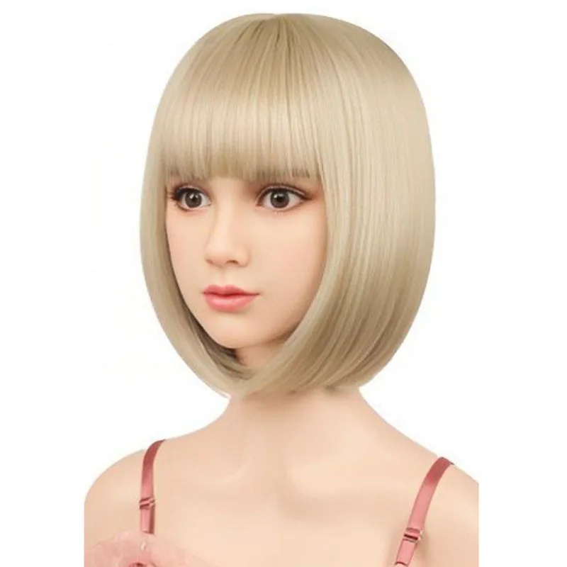European And American Style, Hot Selling Wig For Women, Light Gold Full Bangs Design, Short Straight Hair