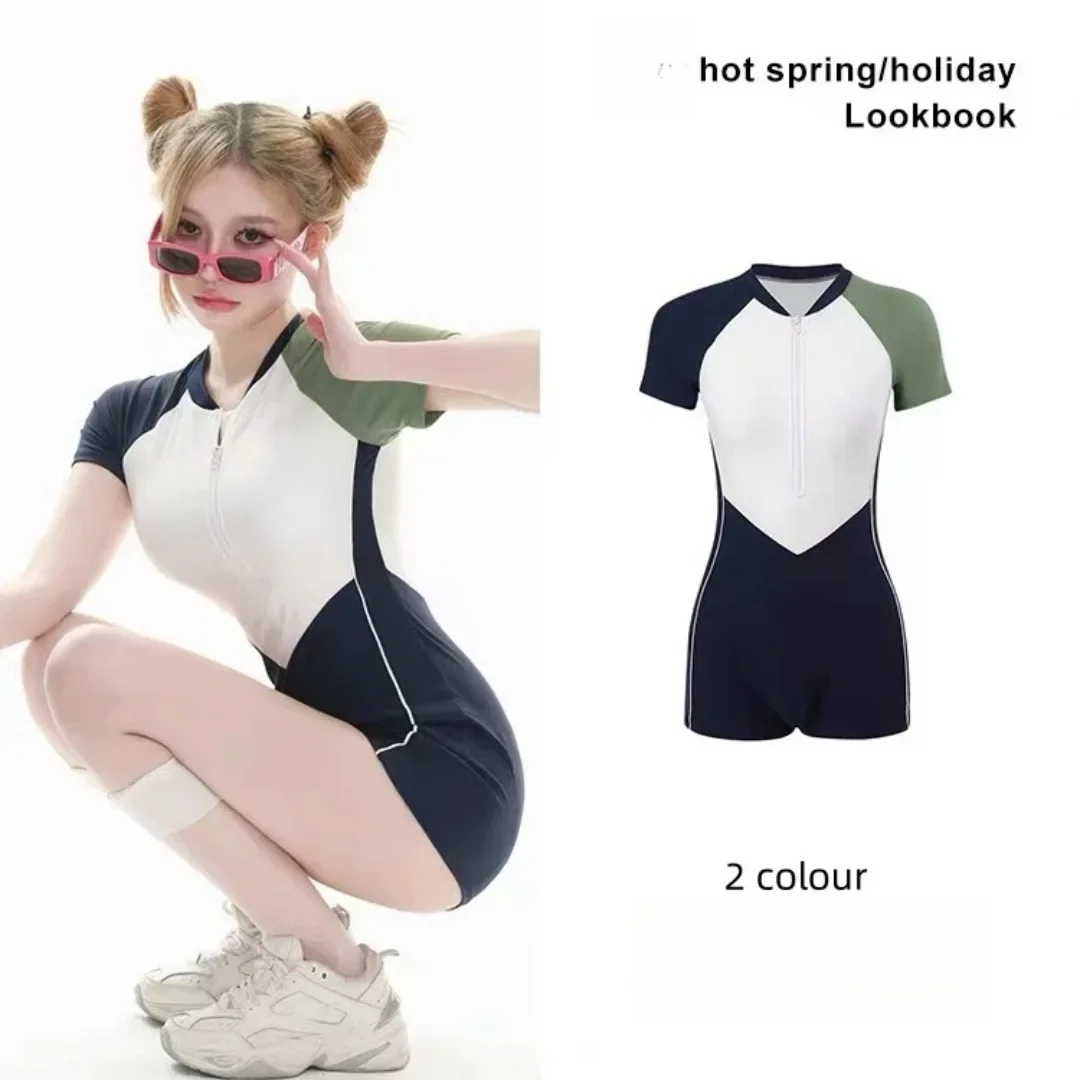 2024Flat Angle Sports One-piece Swimsuit Women Hot Spring Short Sleeved Swimwear Conservative Half Zipper Slimming Swimmomg Suit