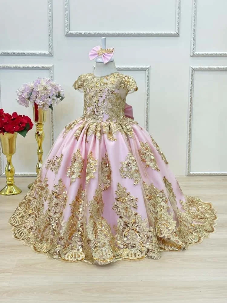 Customized Flower Girl Dress for Wedding Lace Sequin Cap Sleeve Trailing Girls Pageant Dress Kids Formal Princess Gown