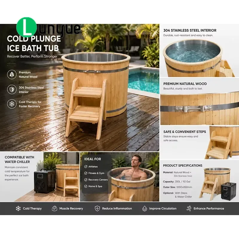 Outdoor Wooden Cold Tub Stainless Steel Liner Ice Bath for Rehab Spas Gyms Durable Natural Wood Recovery Wellness