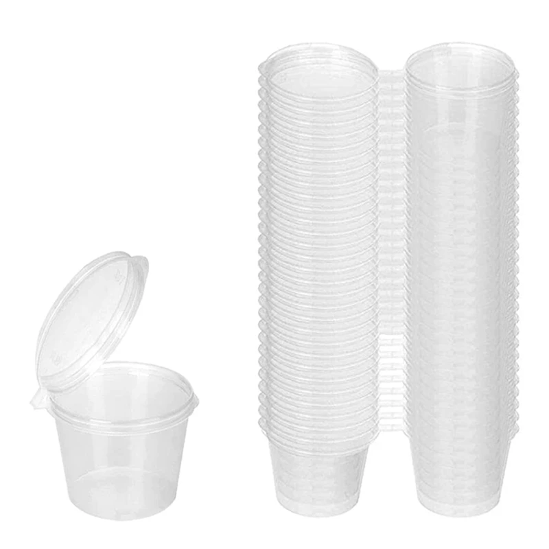علبة تعبئة 100 قطعة حاويات بلاستيكية صغيرة مع أغطية، 25 مل أوعية صلصة صغيرة أوعية بلاستيكية أوعية جيلي لسلطات الصلصة
