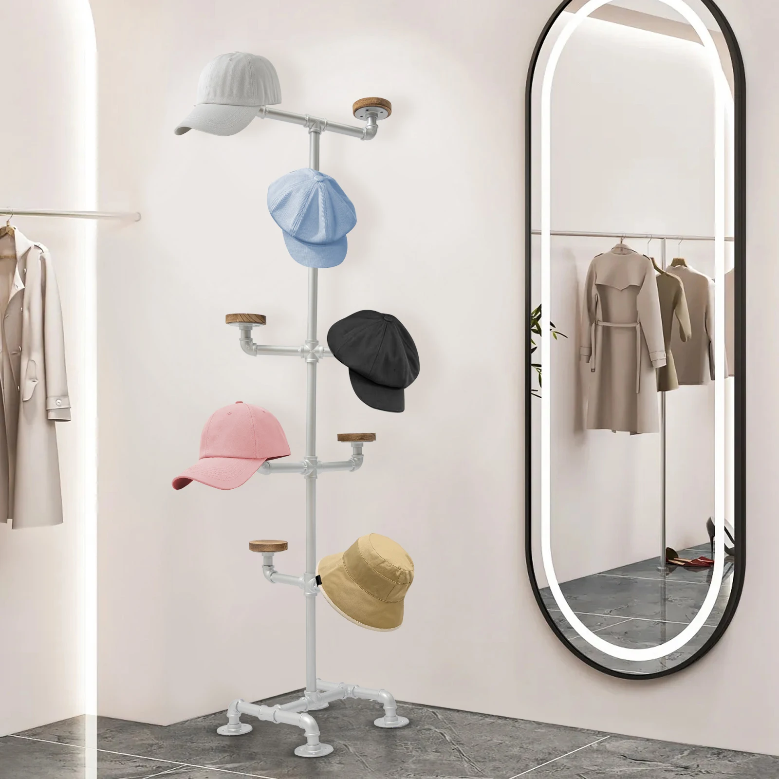 

5 Tiers Hat Rack Stand, Hat Display Stand, Carbon Steel Hat Holder Rack With 10 Hangers 13.4*13.4*61in