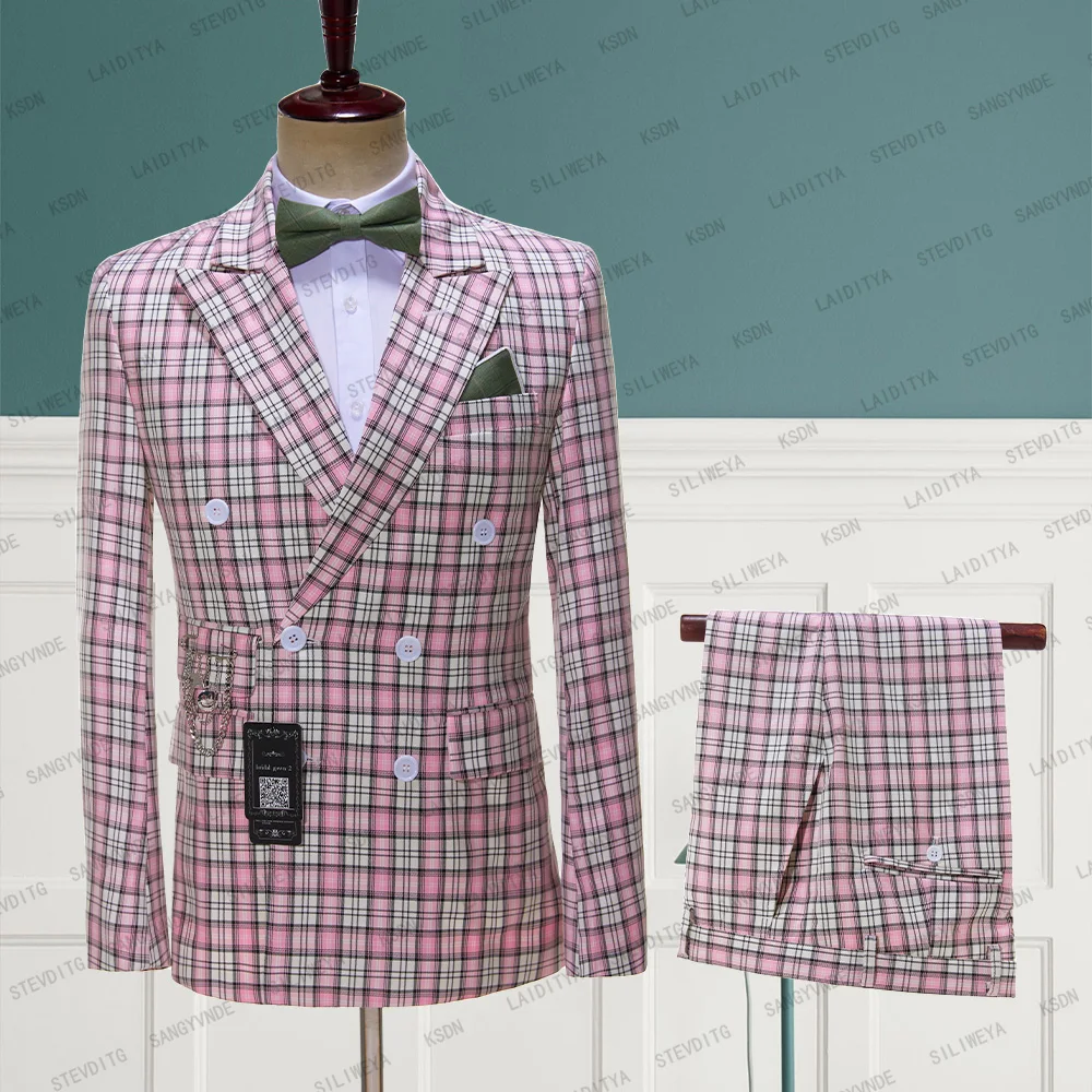 

2023 New Pink Retro Plaid Suit Spring and Autumn British Style Mens Suit Groom Wedding Dress Classic 2 Pieces（Jacket+Pants）