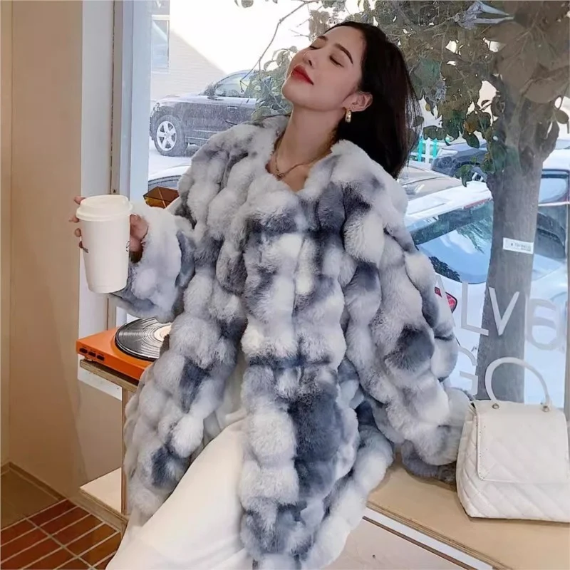 Nowy płaszcz damski z mieszanki futra i pluszu, luźny, z nadrukiem, puszysty, gruby, w stylu tie-dye.