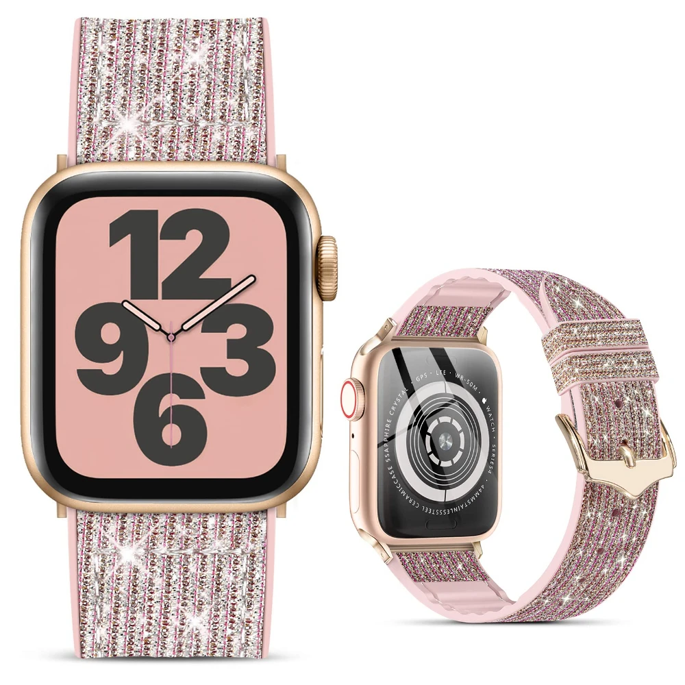 

Silicone+Leather Strap for Apple Watch 49mm 45mm 41mm 44mm 42mm 40mm 38mm Women Bling Bracelet for iWatch Series Ultra 8765432SE