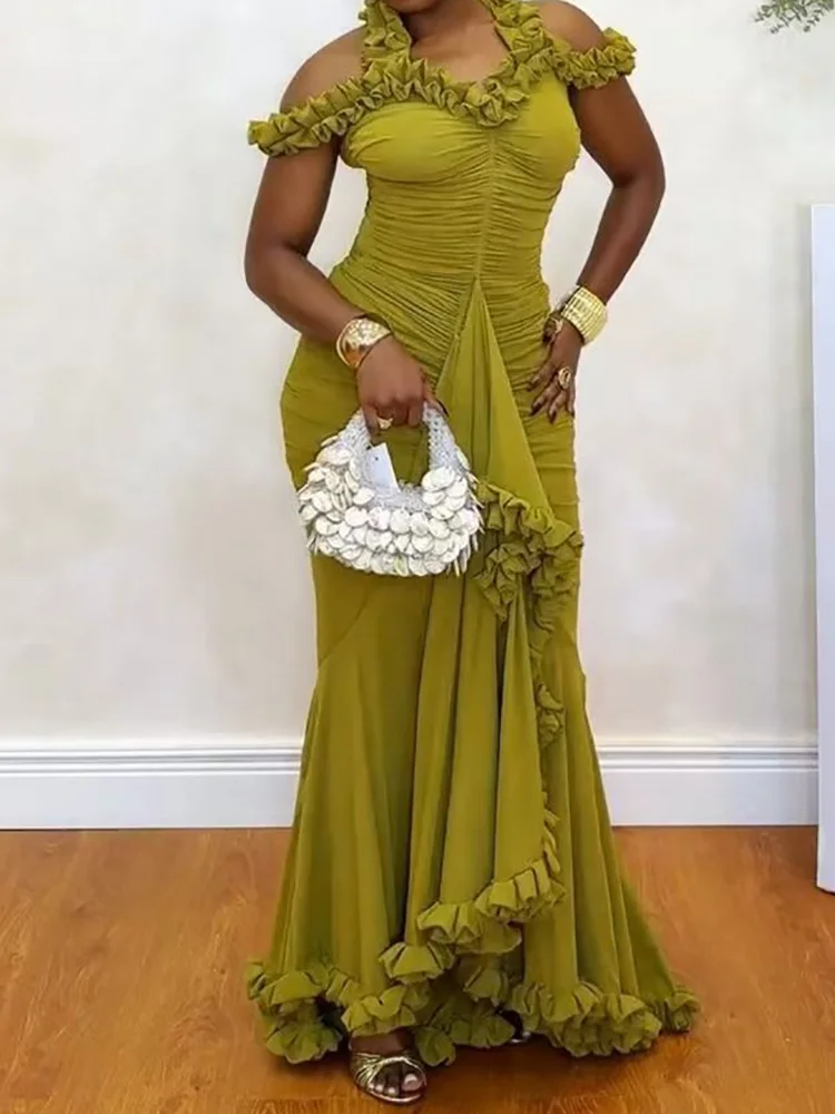 Elegantes Sommer-Maxikleid für Damen mit Neckholder, Ärmellos, Falten, Patchwork, Figurbetont, Meerjungfrauenschnitt, Schick für Urlaub und Party, Streetwear