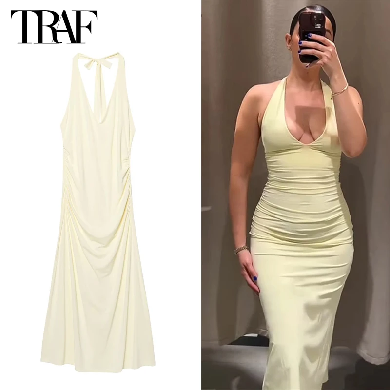 

TRAF 2025 Halter Long Dress Woman Sexy Backless Midi Dresses for Women Draped Evening Dresses Women off Shoulder Women's Dress