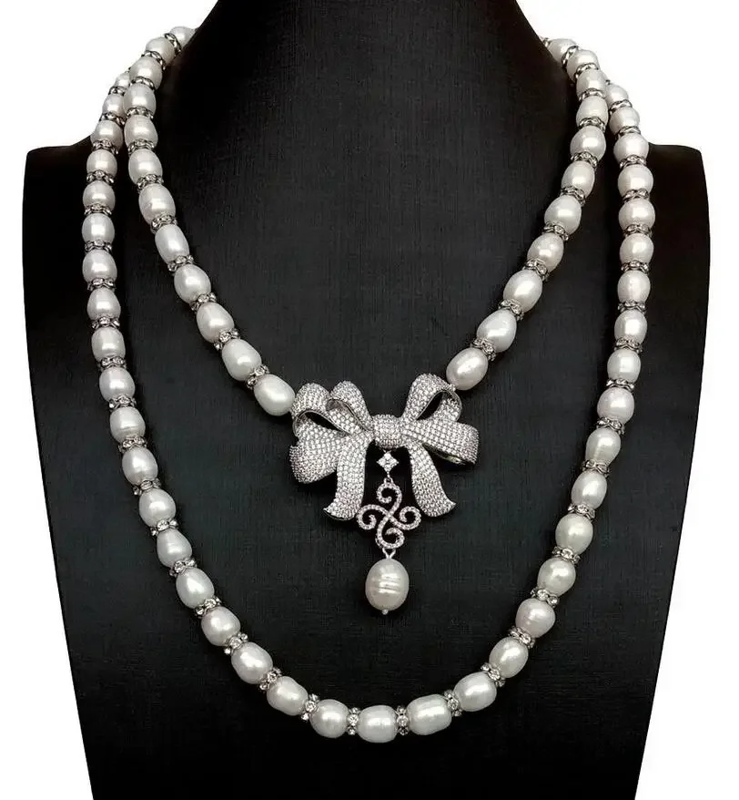 2 السواحل المياه العذبة مثقف الأرز الأبيض اللؤلؤ قلادة Bowknot زركون تمهيد قلادة 18"