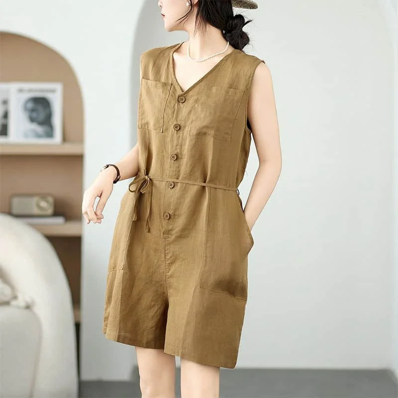 Kombinezony z lnu i bawełny, letnie, bez rękawów, codzienne, odmładzające, luźne, z szerokimi nogawkami, szorty, jednoczęściowe stroje, odzież damska.