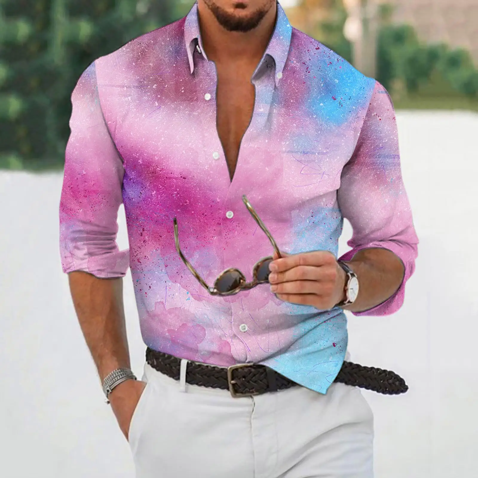 Colorful Pigment Men's Cardigan Top Long Sleeved Lapel Slim Fit Shirt Summer Shirt Beach Vacation Wear Cotton Linen Shirt MB12