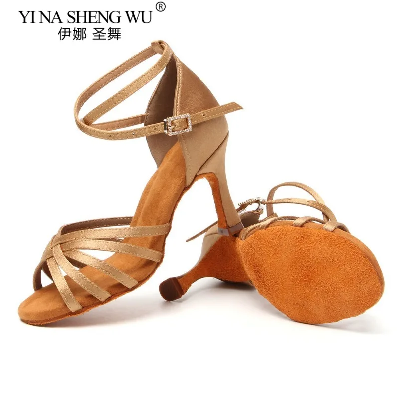 Women Latin Dance Shoes Soft Sole Ballroom Tango Indoor Dance Shoes Light Brown Cuban High Heel Party Dance Shoes Wholesale