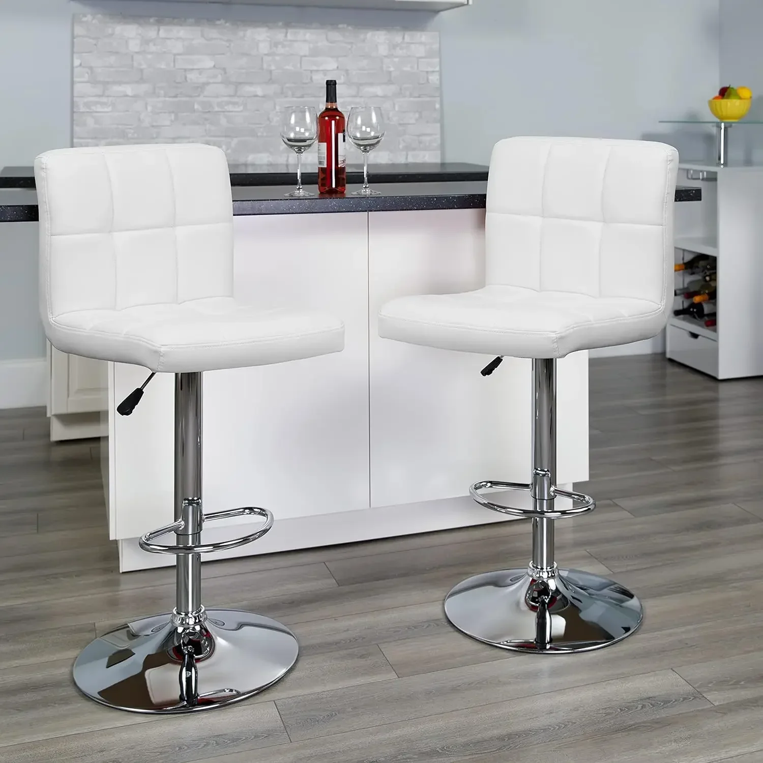 Furniture Alexandra 2 Pack Contemporary White Quilted Vinyl Adjustable Height Barstool with Chrome Base