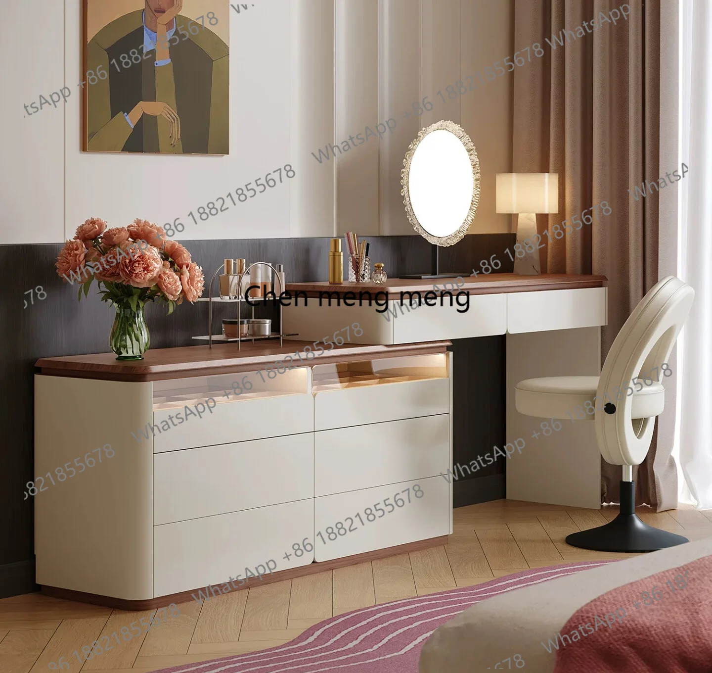 

Dresser, chest, integrated modern minimalist style cream, high-end bedroom, bedside retractable makeup table