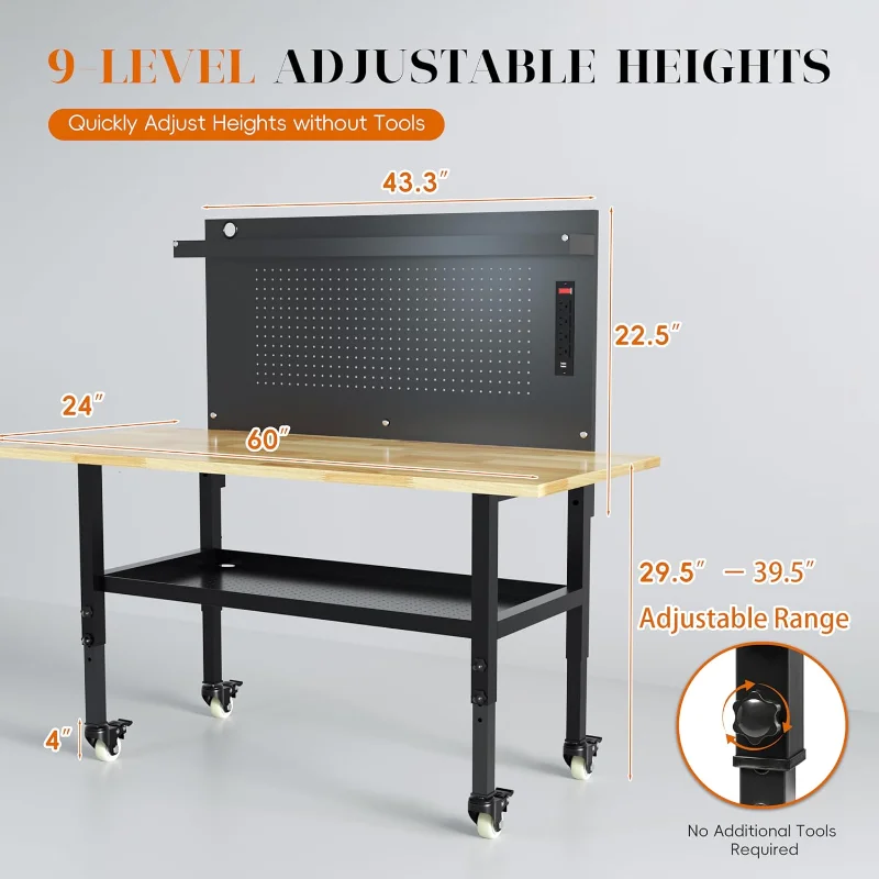 60" Heavy Duty Adjustable Workbench with Large Pegboard& Partition, Adjustable Work Table with Power Outlets & Lockable Wheels
