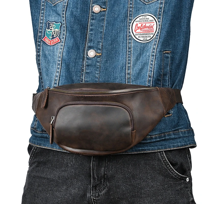 Echt Lederen Heren Heuptasje Heuptasje Portemonnee Retro Gek Paard Koeienhuid Mannelijke Slinger Cross Body Borst Heup Bum Tassen