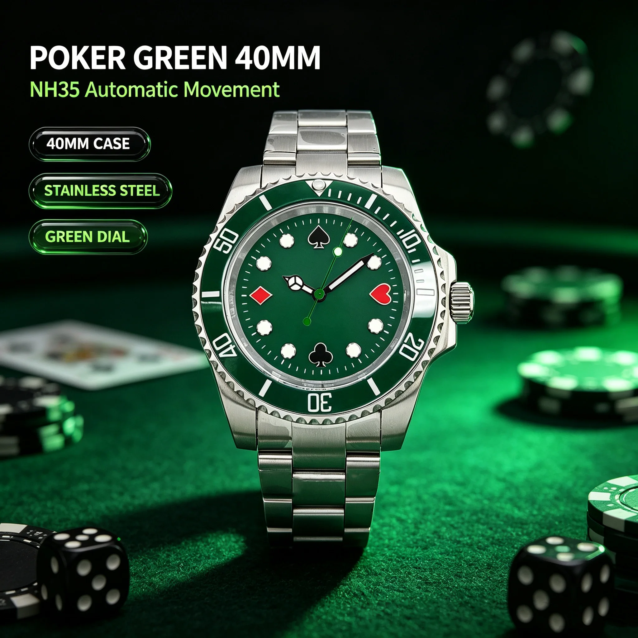Stainless Bracelet Diver - 고급스러운 40mm 남성용 자동 기계식 시계,