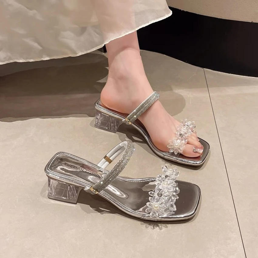 Fashion Brand Summer Women Square High Heels Slides Mules Sweet Female Open Toe Slippers Mujer Vacation Shoes Sexy New sandals