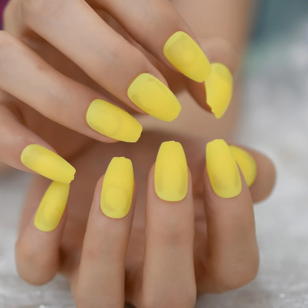 Neonowy żółty matowy sztuczne paznokcie średni trumny Manicure sztuczne tipsy 24 paznokcie rzeźbione paznokcie Echiq Finger Decoration