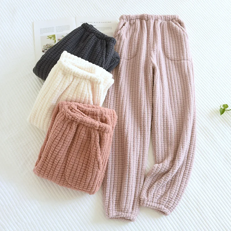 Calça coral de pijama feminina, roupa de flanela, calça quente grossa, pijama feminina, inverno, calça para dormir