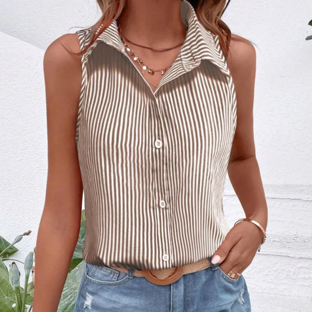 

Brown Sleeveless Shirt Elegant Button-up Sleeveless Top Elegant Shirt Striped Blouse Summer Style Button-Up Design