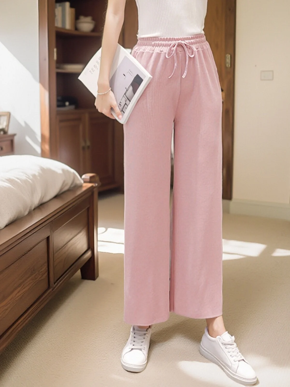 Bla Silk Wide Leg Pants High Waist Nine Points Thin Casual Spring Autumn Casual Women's Pants Straight Tube Summer Outerwear