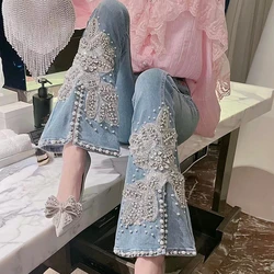 2024 New Spring Summer Women High Waisted Black Blue Flare Denim Trousers , Woman Slim Stretchy Rhinestone Beanding Jeans Pants