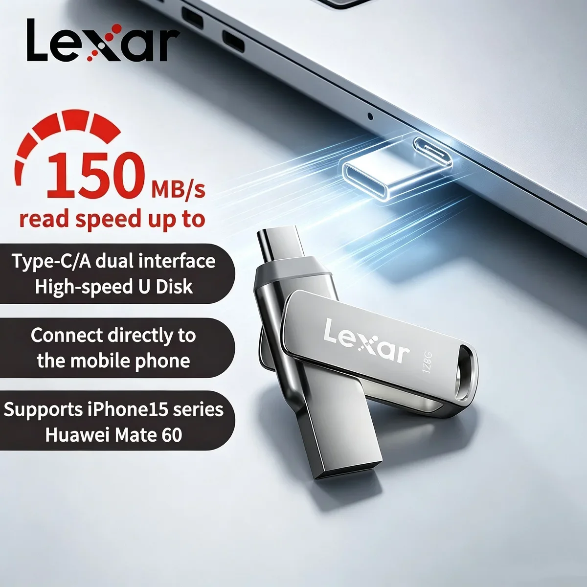 Original Lexar USB Flash Drive D40T Type C USB 3.2 Read Max 150mb/s 128GB 256GB Dual port USB Pendrive Mini U Stick Memory Stick