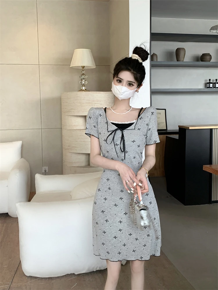 Kleider Kurzarm Damen Nacht 2025, Frau, Frühling, Satin, Fliege, geraffte Taille, Rüschen, A-Linie, normale Passform, romantisches Picknick, süß