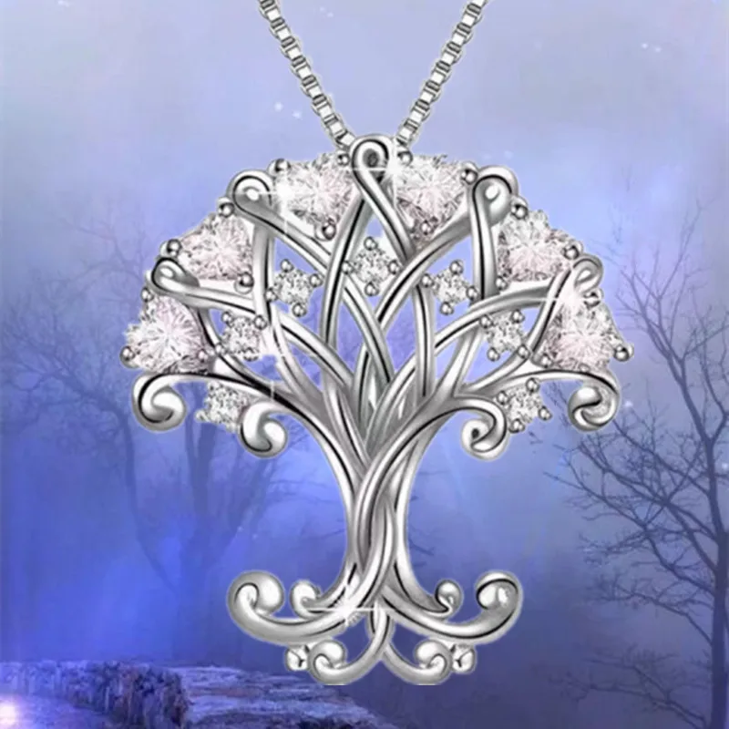 Fashion Zircon Life Tree Stainless Steel Necklace Creative Necklace for Women Luxury Jewelry Halloween Party Anniversary Gift