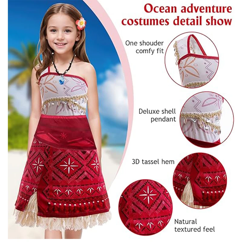 فساتين حفلات للفتيات لفيلم المحيط والمغامرة التأثيرية للهالوين زي عيد الميلاد للفتيات فستان الأميرة وقلادة ومجموعة مشبك شعر