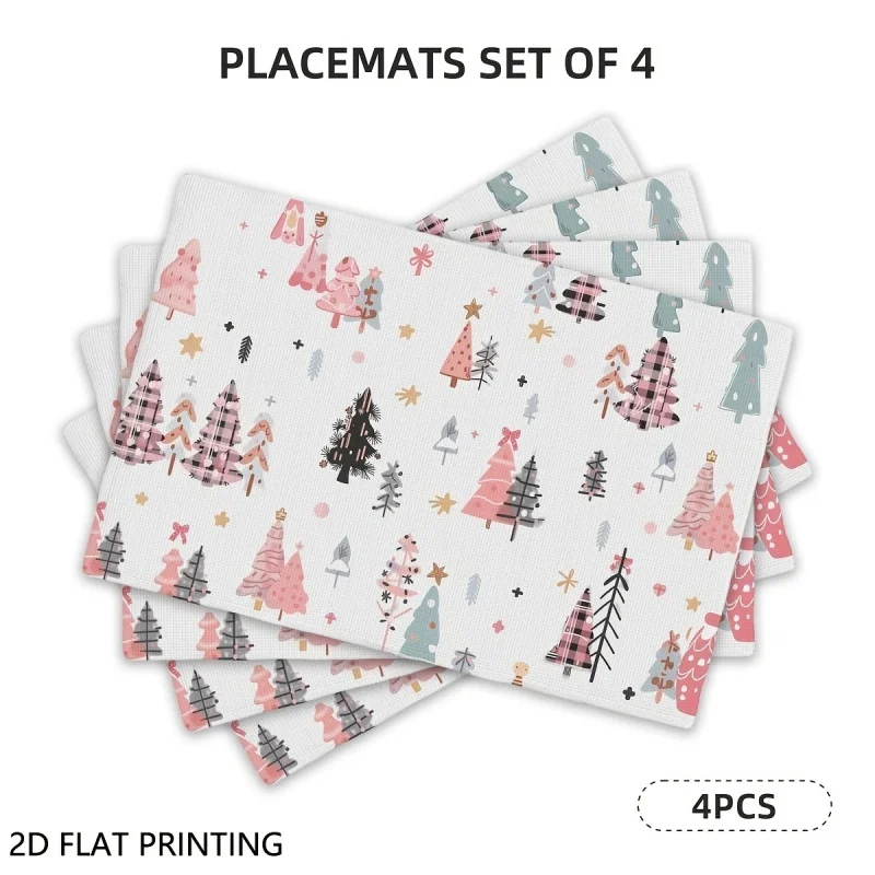 Striped Background Colorful Xmas Tree Snowflake Print Table Mat Fresh Winter Holiday Dining Table Decoration