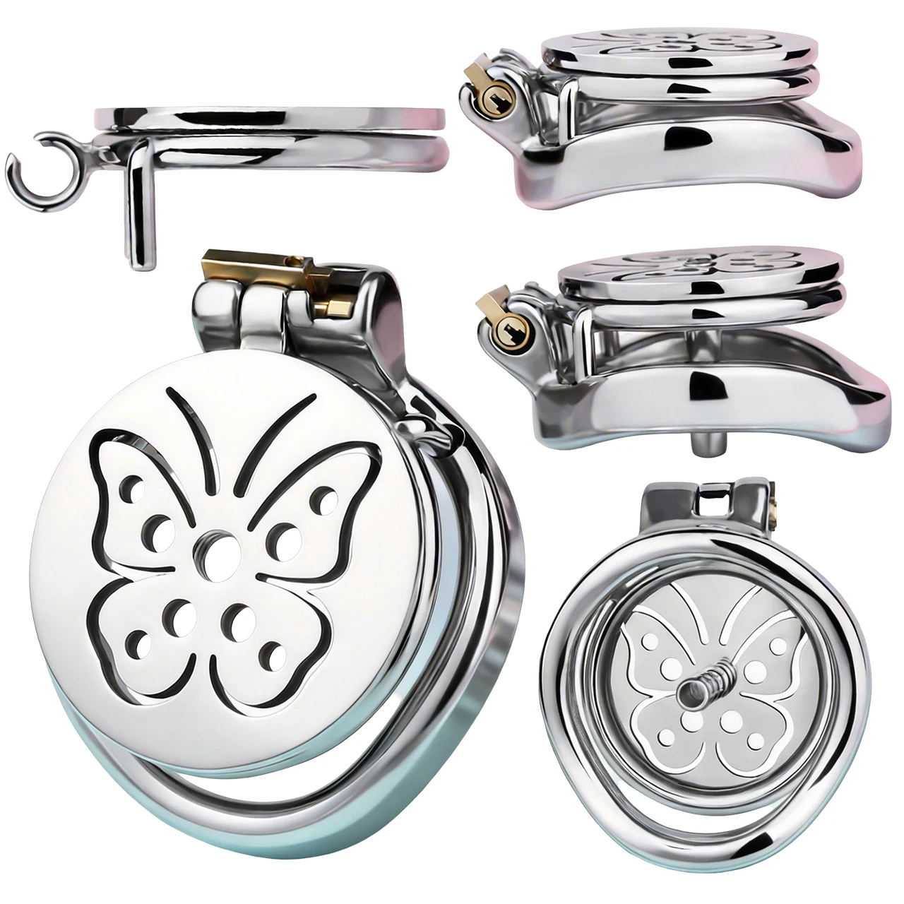 FRRK Flat Butterfly Image Art Male Chastity Cage With Urethral Penis Plug Bondage Chastity Belt Device SM Lock Cock Cage