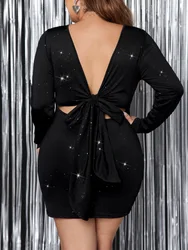 GIBSIE Plus Size Bow Tie Backless Glitter Dress Women Spring Fall Black Long Sleeve O-Neck Sexy Club Party Bodycon Mini Dresses