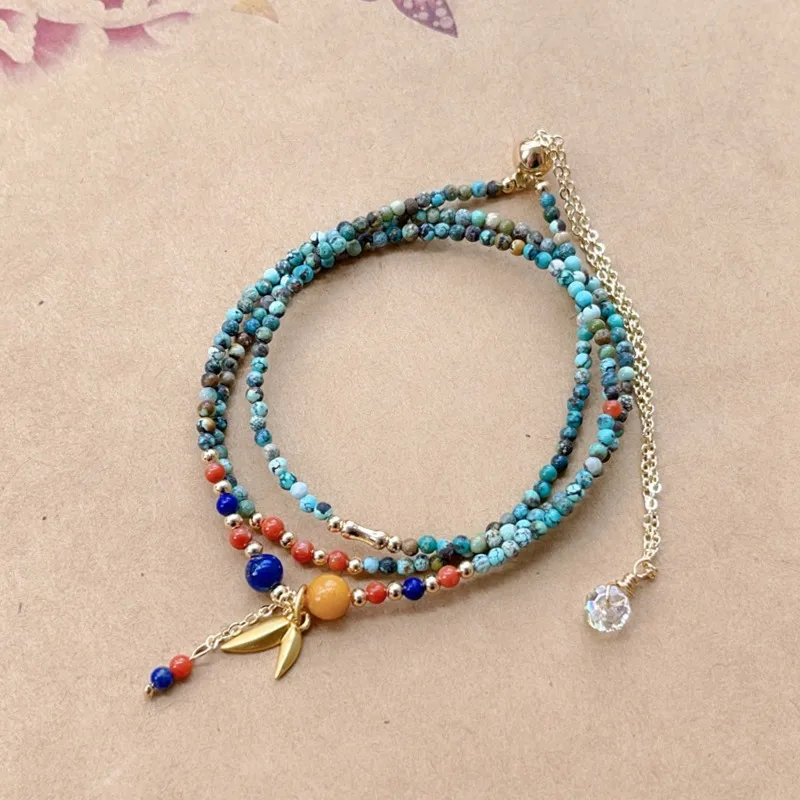 Lucky Natural Turquoise 2mm Fine Ball Bead Chain Spot National Style Millet Beads Three Circles Multi-Layer Bracelet Hand String