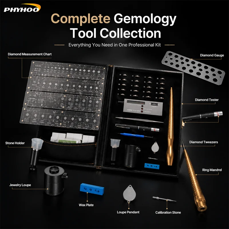 PHYHOO Professional Diamond Measurement Tool Kit Complete Gemology Testing Set With Tester Loupe Mandrel Portable Leather Case