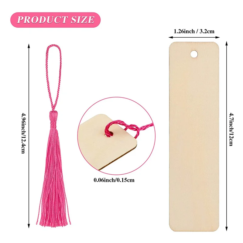 A19E-72 Uds. Marcapáginas de madera en blanco y borlas, marca de libro rectangular para niños, producción de pintura, decoración artesanal DIY para el hogar