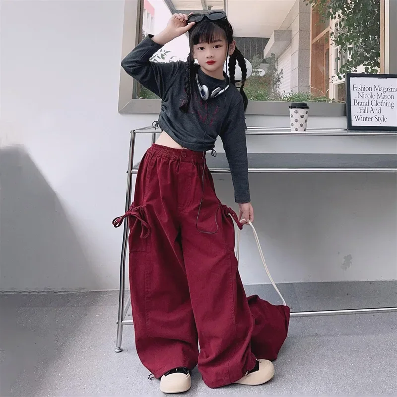 Girls Pants 2024 Autumn New Childrens Clothing Foreign Style American Style Cargo Wide-leg Pants Casual Simple and Daily image 3