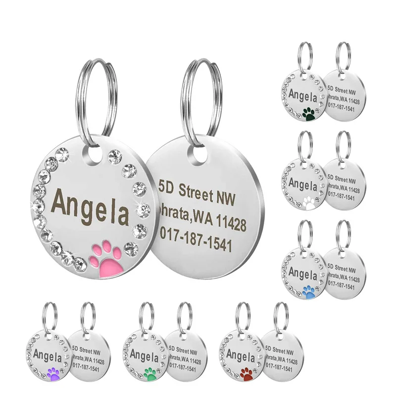 Stainless Steel Engraved Pet Name Collar Pendant ID Tags Personalized Anti-lost Engraved Diamond Pendant Necklace For Cat Dog ID