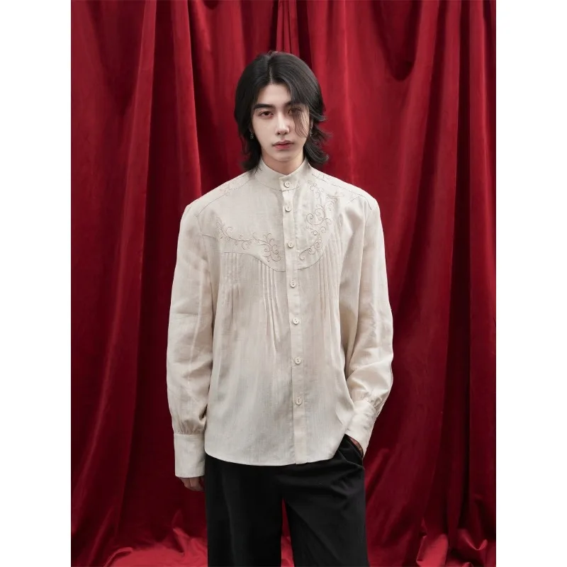 Linen Heavy Industry Embroidery Wind Lantern Sleeve Collar Shirt