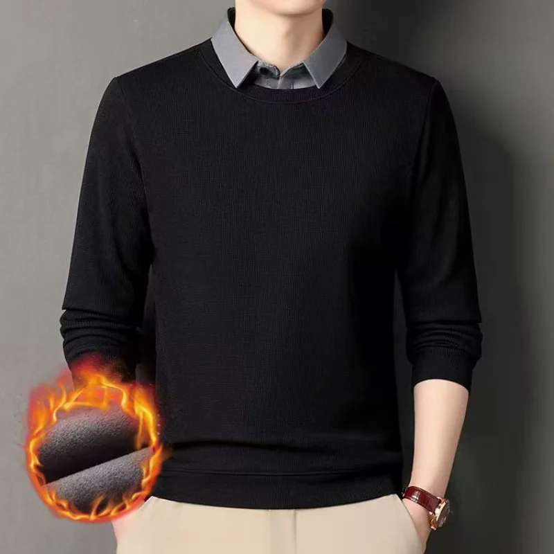 Mens Fake Two Piece Collared Knit Sweater Fleece Lined Thick Warm Business Casual Long Sleeve Pullover Top
